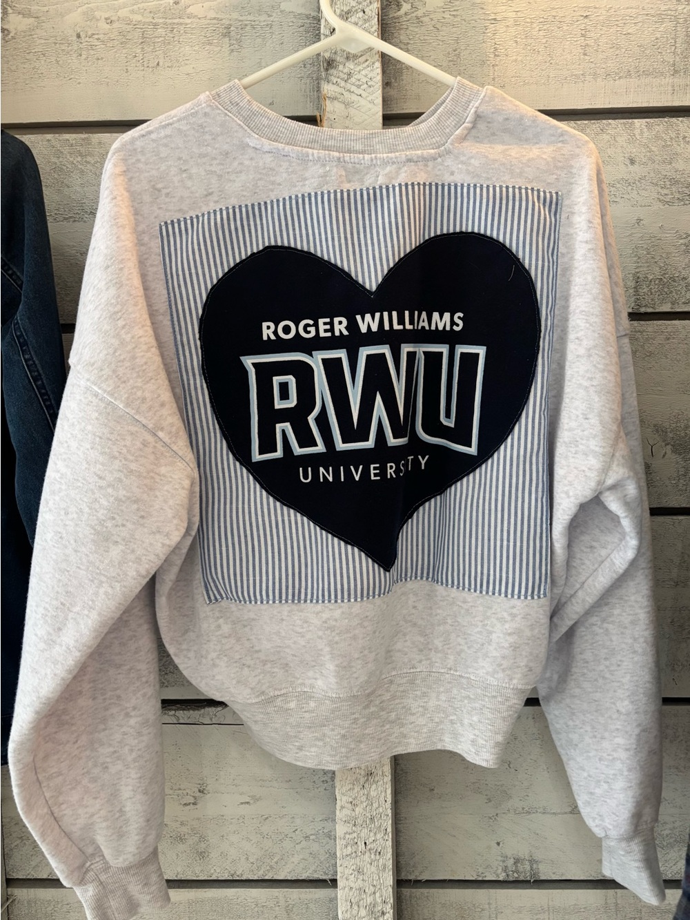 Upcycled Roger Williams University Sweatshirt Heart back with matching pinstripe